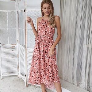 Halter dress fit flare belted midi